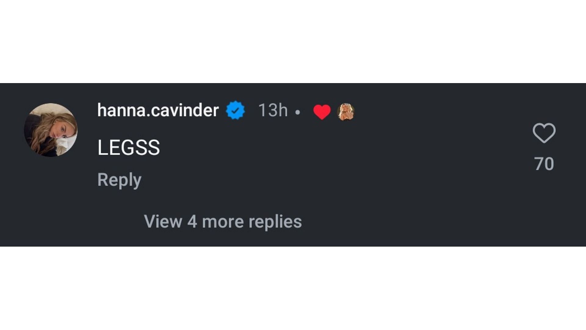 Cavinder's one-word reaction to Dunne's post (Image via: Dunne's Instagram)